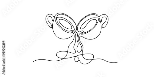 Minimalist continuous line drawing of two coffee cups pouring liquid into a shared stream