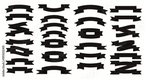 Set of various black ribbon banners and decorative scroll for labels tags and projects isolated
