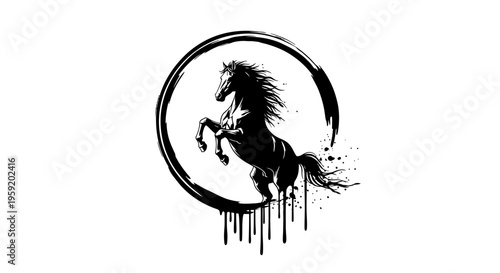 Black horse silhouette rearing inside a paintbrush stroke circle with drips on white background