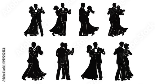 Couple dancing silhouettes collection featuring various ballroom dance poses in black and white style