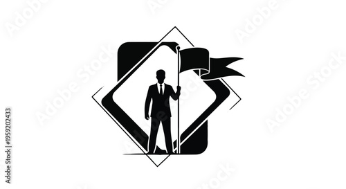 Silhouette of a determined businessman holding a flag, representing leadership and achievement against a modern abstract background.