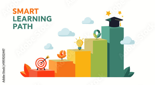 Smart learning path concept with colorful steps leading to a graduation cap and representing educational development