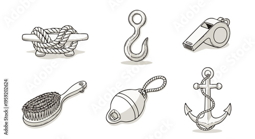 Set of nautical equipment including anchor rope cleat hook whistle and cleaning brush in a clean hand drawn line style
