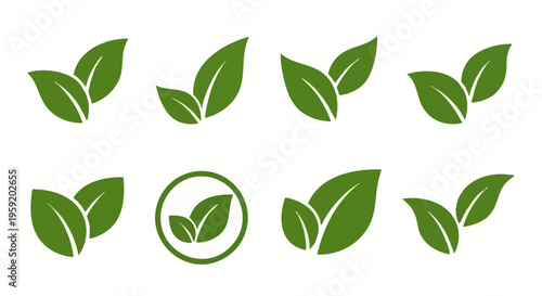 Set of eight green leaf in various shapes and arrangements for eco friendly and natural product branding
