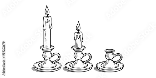 Vector drawing of three antique style chambersticks with burning wax candles and an empty one.