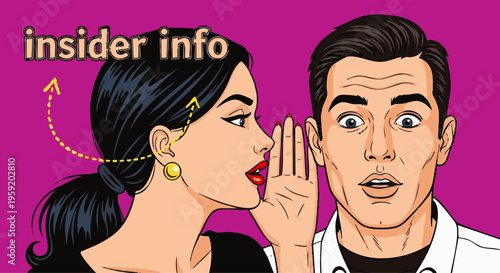 Pop style of a woman whispering secret insider info to a shocked man against a vibrant purple background