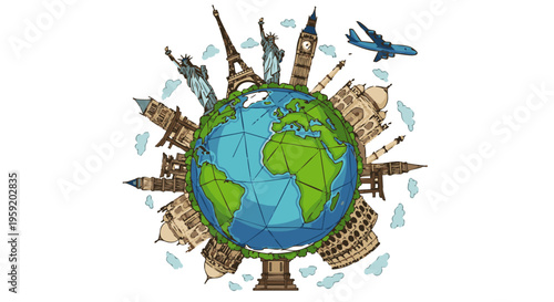 Of planet earth surrounded by famous landmarks and a flying airplane for travel and tourism concepts