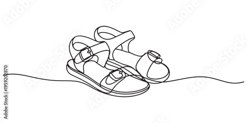 A pair of beach flip-flops in one line art style. Minimalist illustration of summer footwear for vacation drawn with one continuous black line. Vector illustration.