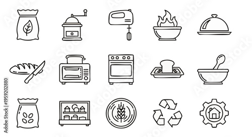 Set of fifteen black and white line representing bakery equipment and kitchen tools for culinary website