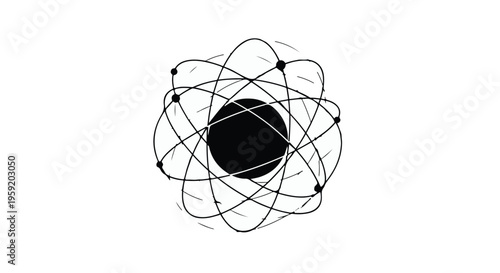 Abstract atomic orbit illustration with central black sphere on white background