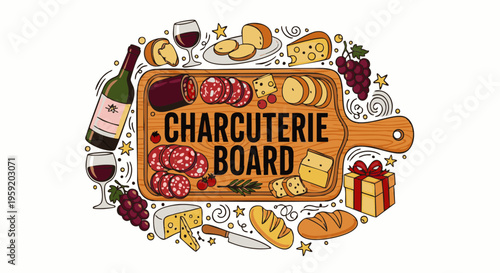 Hand drawn charcuterie board with wine cheese grapes bread and meat on a wooden serving platter