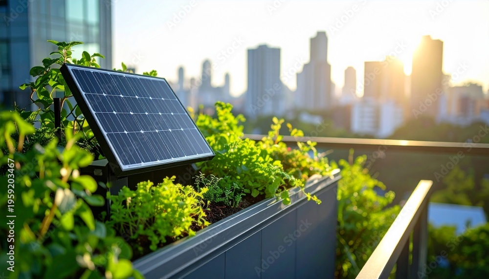 Fototapeta premium Small Solar Panel on Apartment Balcony with Lush Green Garden and City Skyline Background