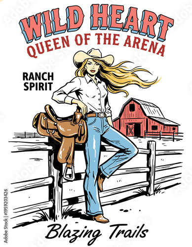 Vintage western cowgirl at ranch with saddle and barn, Wild Heart Queen of the Arena retro graphic illustration for t-shirt design