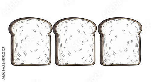 Three slices of white bread in a simple hand drawn style isolated on a plain white background for bakery branding