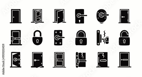 Collection of black silhouette door featuring different styles handles locks and broken or damaged entryways