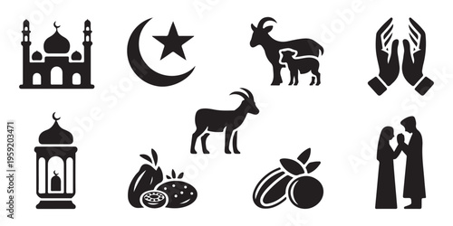 set of Silhouette Mosque with Crescent Moon and Stars- Celebrating the Joyful Occasion of Eid Mubarak with Festive Designs, white background.