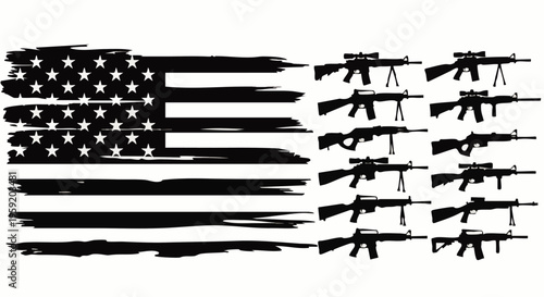 Distressed american flag combined with a collection of tactical rifle silhouettes for patriotic military