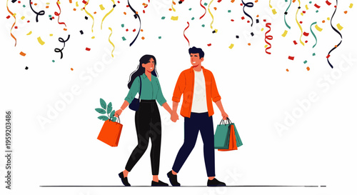 Happy young couple walking together holding shopping bags with colorful confetti falling down on a white background
