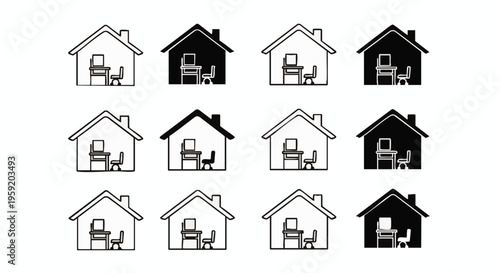 Set of house with office desk and chair inside showing different fill styles for real estate or home work concept