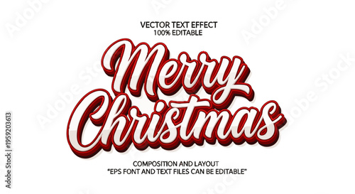 Merry christmas text effect with 3d red and white typography for holiday greeting cards and festive seasonal