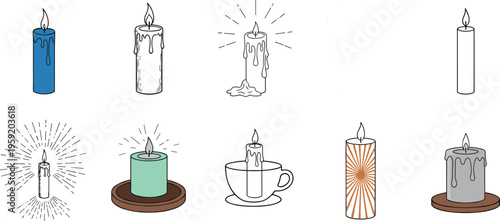 Candle Vector Set Featuring Decorative Burning Candles in Different Styles with Light Glow Effects for Relaxation, Spa and Holiday Design