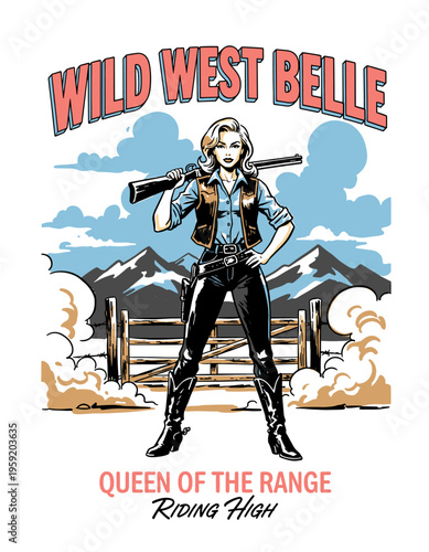 Wild West Belle cowgirl with rifle and mountain landscape, vintage comic book style graphic vector illustration for t-shirt design