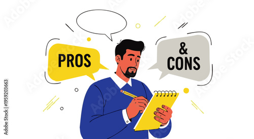 Man writing pros and cons on notepad with speech bubbles for decision making and business strategy concept