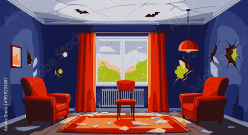 Dilapidated living room interior with orange armchairs and a broken chair surrounded by debris and cracked blue walls