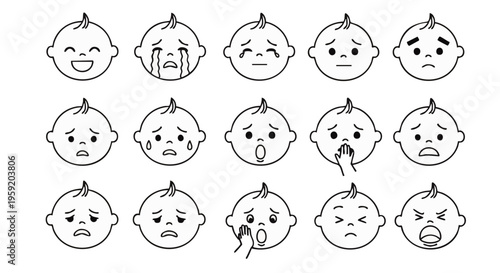 Set of fifteen baby face with various expressions and emotions in a simple black and white line style