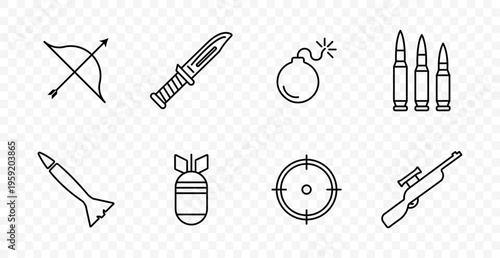 Weapons set icon. Bow, combat knife, bomb, ammo, rocket, grenade, crosshair, rifle, warfare, military, attack, defense, conflict, danger, security