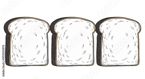 Three slices of fresh white bread arranged in a row isolated on a white background for bakery and food industry concepts