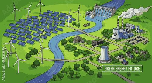 Green energy future concept featuring wind turbines solar panels and a hydroelectric dam in a landscape