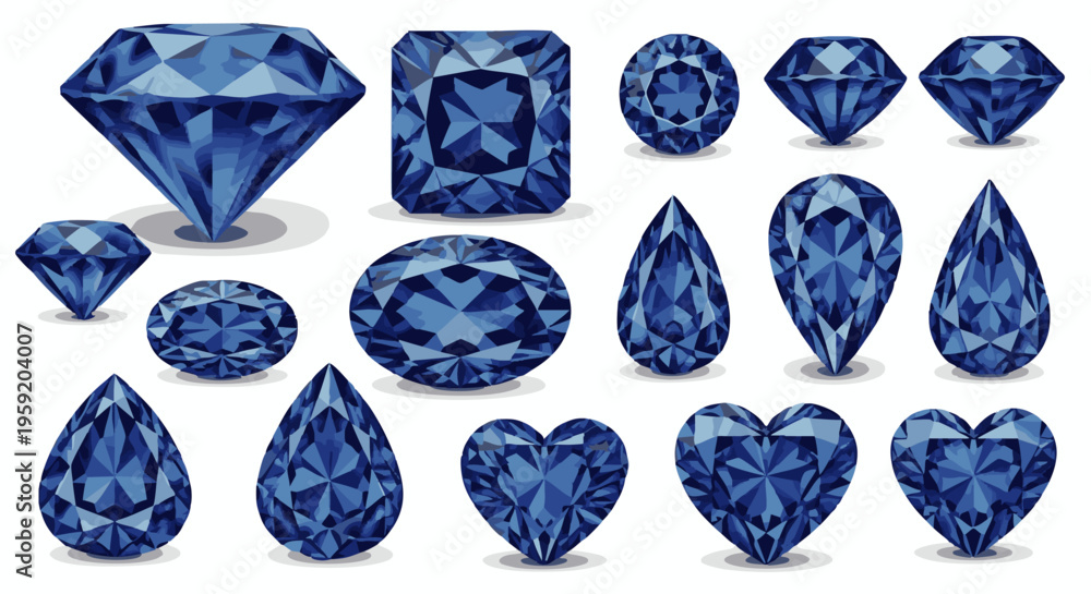Fototapeta premium Assorted blue diamond gemstone shapes including round pear heart oval and square cuts for jewelry and luxury assets