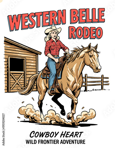 Vintage western cowgirl riding horse at rodeo, wild west belle frontier adventure graphic vector illustration for t-shirt design and posters