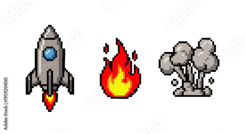 Pixel style rocket launch fire and smoke explosion for retro gaming or space exploration concept set