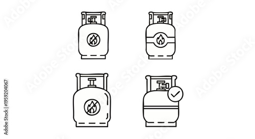 Set of gas cylinder with safety symbols and check marks for industrial storage and household fuel usage guidelines