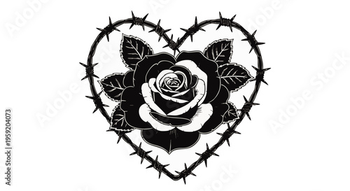 Black and white tattoo style of a blooming rose inside a heart shape made of sharp barbed wire frame