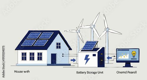 Renewable energy system with solar panels on house roof wind turbines and battery storage unit monitoring on computer