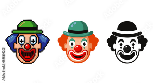 Three clown face in pixel flat color and black silhouette styles for circus entertainment and funny character