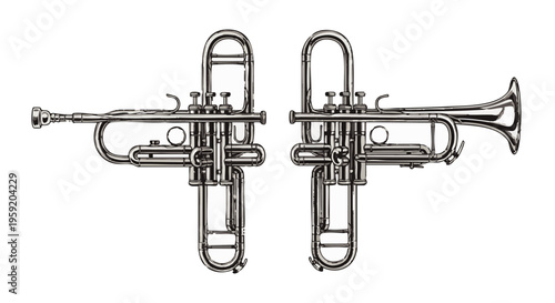 Two brass trumpets in detailed line style for musical instruments and orchestra performance equipment
