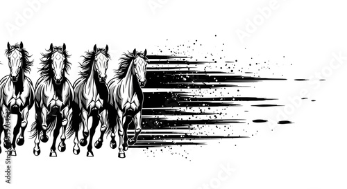 Four horses running together in a dynamic black and white illustration with motion blur effect