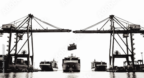 Industrial shipping port scene with large cranes lifting a cargo container onto a ship in black and white style