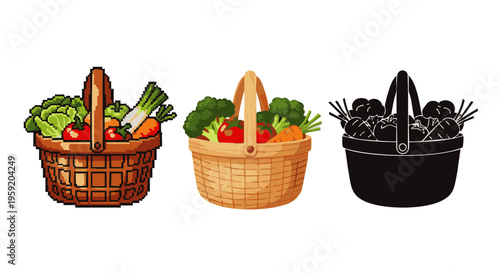 Set of three vegetable baskets in pixel flat and black silhouette style for fresh food and grocery shopping
