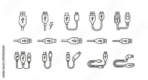Collection of various usb cable connectors and charging cords in line style for electronic devices and technology
