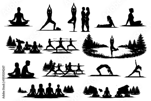Silhouette yoga poses by lake in nature with trees and couples.