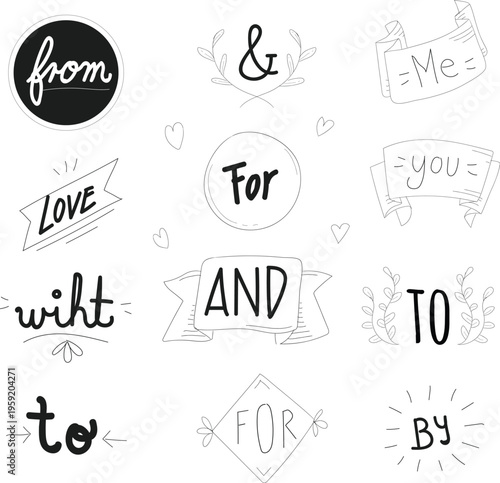 A creative vector illustration set featuring hand drawn doodle icons and business symbols alongside an artistic alphabet and calendar numbers for astrology or zodiac design concepts