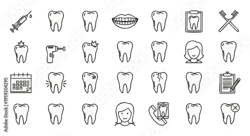 Collection of dental health showing teeth care procedures and hygiene tools for clinic and oral medicine