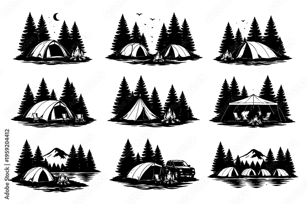 Obraz premium Camping scenes with tents and campfires in forested mountains.