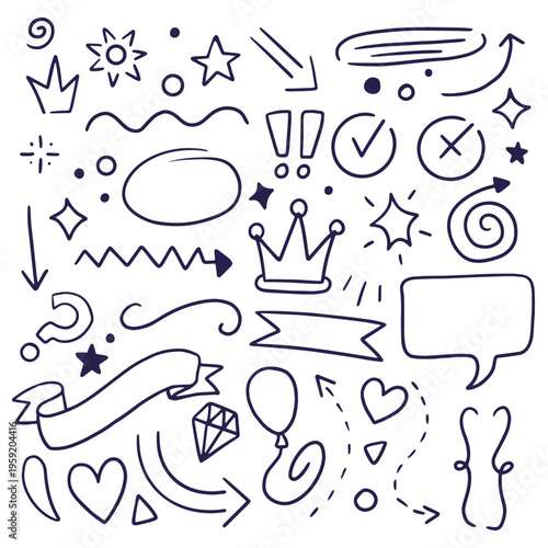 Set of hand drawn doodle icons and sketch elements in a vintage vector illustration collection for creative design