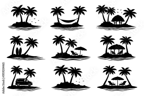 Tropical island silhouettes with palm trees, hammocks, and beach scenes.